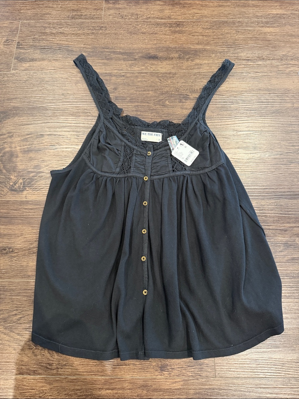 We The Free Black Lace-Trim Button-Front Camisole Top